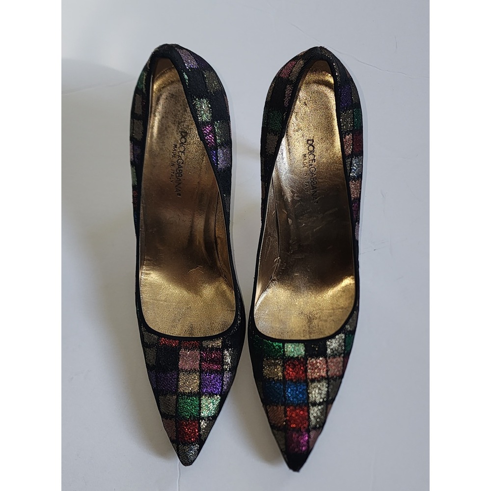 Dolce & Gabbana Multi-Color Metallic Checkerboard Pointed Toe Pumps Sz 40 runs S